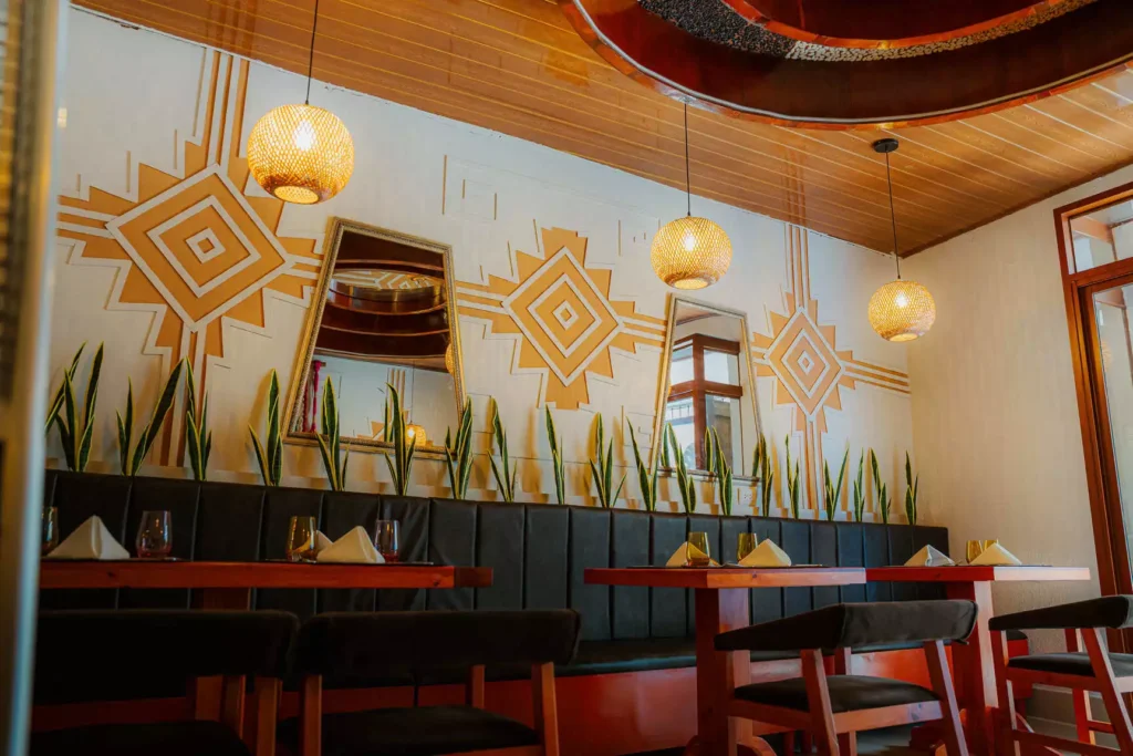 Andean-inspired decor and tables at Moray Peruvian Cuisine, Cusco